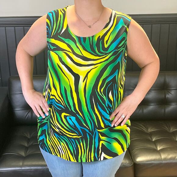 CAROLINE ROSE Green Vintage 2000s Zebra Striped Sleeveless Blouse - Picture 3 of 9